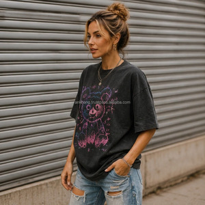 Women's Oversized Crew Neck T-<b>Shirt</b> With Hand Drawn <b>Cartoon</b> Bear Print Loose Fit Short Sleeve 100% Cotton Jersey Fabric - Product Image 2