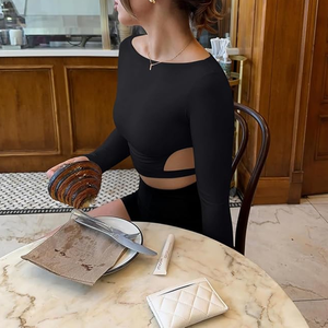 Women Black <b>Long</b> <b>Sleeve</b> Square Neck <b>Crop</b> Top With Side Cut-Out Hollow Design Solid Color Stretchy Activewear Shirt - Product Image 5