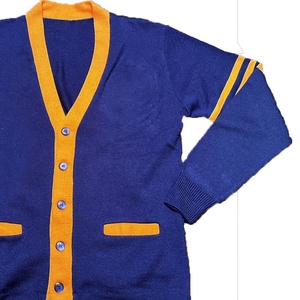 Cárdigan de punto azul para mujer, con cuello en V, manga larga, ribete amarillo y botones, suéter informal de color liso. - Product Image 3