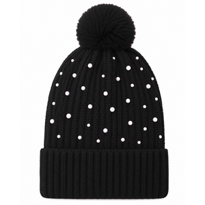 Bonnet en tricot acrylique pour femme NCBW, brodé, orné de perles, avec pompon, bord côtelé, bonnet d'hiver décontracté - Product Image 4
