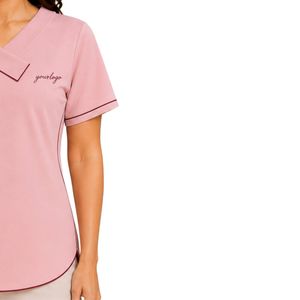 Camiseta de Manga Corta con Cuello Asimétrico para Mujer, Color Rosa Polvo, Bordado Floral, Ribete en Contraste, Logotipo Personalizado, Casual, Venta al Por Mayor - Product Image 4