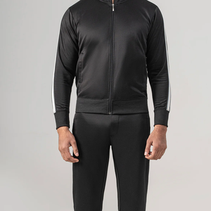Conjunto Deportivo Informal para Hombre, Chaqueta Deportiva Negra con Cierre Completo y Cuello Alto, Pantalones Deportivos con Franjas Laterales Blancas, 100% Algodón - Product Image 1