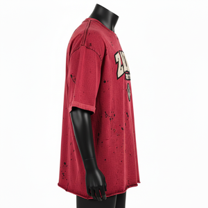 T-shirt homme en coton jersey premium, effet délavé, rouge vintage, logo imprimé sur mesure, 100% coton, coupe ample. - Product Image 3