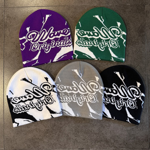 Custom Logo Knitted Printed Beanie Manufacturers All Over Print Jacquard Y2K Gothic No Cuff Skull <b>Cap</b> <b>Winter</b> Hat - Product Image 5