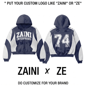 Sweat à capuche zippé en coton tissé premium 350 g/m², coloris bleu marine et blanc, avec logo brodé personnalisé et imprimé effet vieilli - Product Image 1