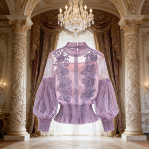 Vente flash sur Temu : chemisier chic pour femme en dentelle violette brodée, col haut, manches bouffantes, top transparent. - Product Image 4