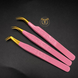 Custom Logo <b>Pink</b> Eyelash Extension Tweezers <b>Set</b> Gold Stainless Steel Lash Tweezers Professional Beauty Salon <b>Tools</b> - Product Image 1