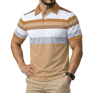 Polos de manga corta para hombre, personalizados al por mayor, transpirables, a rayas, de corte atlético, que absorben la humedad, para golf. - Product Image 1