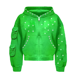 Hoodie unisexe tendance avec poche à manches ornée de strass, effet délavé, 100% coton, style streetwear, fermeture éclair intégrale - Product Image 3