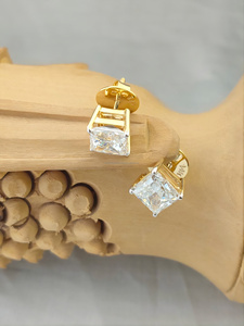 Princess Cut Diamond <b>Stud</b> <b>Earrings</b> in Yellow Gold | Classic Solitaire <b>Studs</b> | Luxury Bridal Wedding Anniversary Gift for Her - Product Image 1