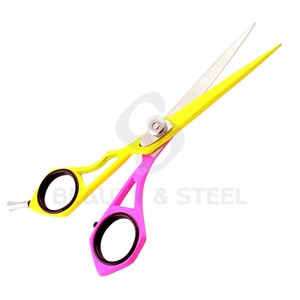 กรรไกรตัดผมสีเหลืองนีออนและชมพูแบบมืออาชีพ พร้อมใบมีดตรงคมกริบและด้ามจับทรงเรขาคณิตตามหลักสรีรศาสตร์ - Product Image 4