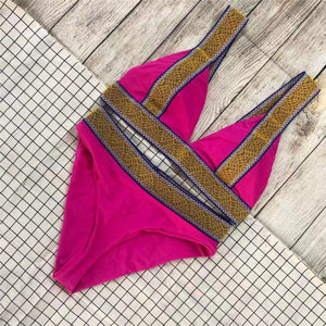 Conjunto de Bikini Rosa para Mujer, Top con Hombros Descubiertos, Ribete en Contraste, Spandex, Poliéster Elástico, Secado Rápido, Traje de Baño Ecológico - Product Image 5