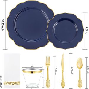 Set di 175 Pezzi per Feste: Piatti di Plastica Blu con Bordo Dorato, 75 Posate Dorate, 25 Bicchieri e 50 Articoli Usa e Getta Blu - Product Image 3