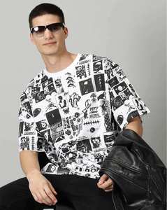 เสื้อยืดคอกลมแขนสั้นทรงหลวมพิมพ์ลายกราฟิกการ์ตูนสีขาวดำสำหรับผู้ชาย - Product Image 4