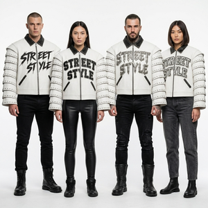 Custom White Studded Faux Leather <b>Jacket</b> Graphic Zip Up Street Wear Fashion Biker Outerwear For Unisex Winter Wear - Product Image 5