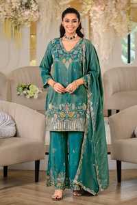 Women Fashion Nc Moss Silk Embroidery And Sequence Work <b>Top</b> And Palazzo With Nc Moss Silk Embroidery And Sequence Work Dupatta - Product Image 2