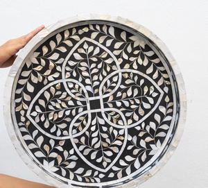 Bandeja de servicio redonda con Incrustaciones de nácar de lujo para aperitivos de té y café y uso decorativo de proveedor indio - Product Image 6