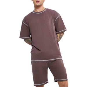 เสื้อยืดผู้ชายสไตล์วินเทจฟอกสี ชุดเซ็ตผ้าฝ้าย 100% เสื้อยืดมีเชือกผูก ปักลายตัวอักษร ชุดเสื้อยืดและกางเกงขาสั้นสำหรับผู้ชาย - Product Image 1