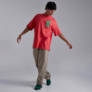 Camiseta Roja Extra Grande de Algodón con Estampado de Letras de Silicona Verde en la Parte Delantera, Cuello Redondo, Manga Corta, Estilo Casual para Hombre - Product Image 3