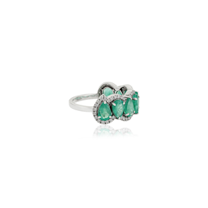 Bague demi-éternité de luxe en or blanc véritable 14 carats, sertie d'émeraudes poire et de diamants taille ronde, motif vague, bijoux fins en gros - Product Image 5