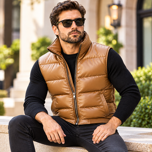 Veste bomber en cuir véritable pour homme |   Veste bomber sans manches en cuir véritable pour homme - Product Image 3