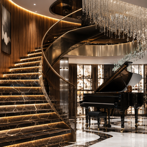 Escalier en colimaçon en bronze avec marches en marbre noir éclairées par LED, garde-corps en verre courbé et design de main courante en métal de luxe - Product Image 1