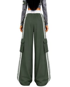 Pantalon de survêtement cargo large respirant en toile vert olive pour homme, taille mi-haute avec cordon de serrage, poches latérales, style streetwear décontracté - Product Image 2