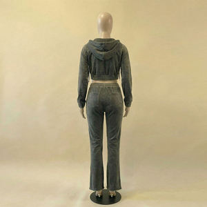 Custom Women Velour Tracksuit <b>Zip</b> <b>Up</b> <b>Cropped</b> Jacket Wide Leg Pants Two Piece Casual Streetwear Fashion Apparel Set - Product Image 5