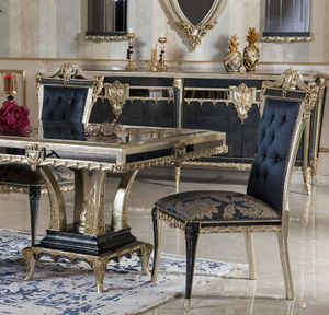 European 8-seater rich <b>brown</b> wooden dining <b>table</b> with carved scrollwork chairs and ornate pedestal, at wholesale prices. - Product Image 6