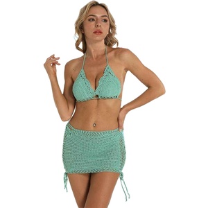 Wholesale Solid Color 2 Piece Women's Sexy Mesh <b>Crochet</b> Beach <b>Set</b> Swimming Dress Cover Up Handmade Beach Wear For Ladies - Product Image 1