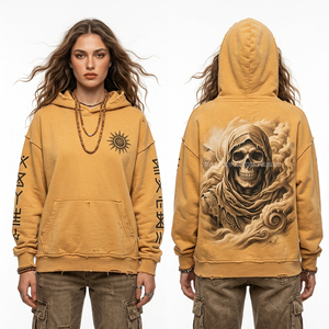 Sweat-shirt surdimensionné pour femme, 400 GSM, jaune moutarde, effet vieilli, avec imprimé manches motif rune vintage et crâne gothique, pour fournisseurs - Product Image 1