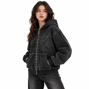 Luxury Wholesale Trendy <b>Black</b> Studded Hooded <b>Fleece</b> Jacket Set for <b>Men</b> Custom Streetwear Cargo Co-Ord Rhinestone Pocket Hoodies - Product Image 4