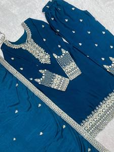 Conjunto de Top y Pantalones Palazzo de Seda Chinon con Bordado y Adornos Jari para Mujer, Estilo Fiesta, Boda, Diwali, con Dupatta, para Todas las Temporadas - Product Image 4