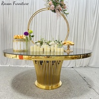 Table ronde de mariage de luxe en acier inoxydable avec dessus en verre miroir doré pour mariage, dîner, fête, événement
