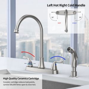Rubinetto da Cucina Girevole a 360° in Acciaio Inox 304 Lucidato con Due Maniglie, Spruzzatore Laterale Estraibile, Installazione a 4 Fori, 8 Pollici, Finitura Nichel Spazzolato - Product Image 3
