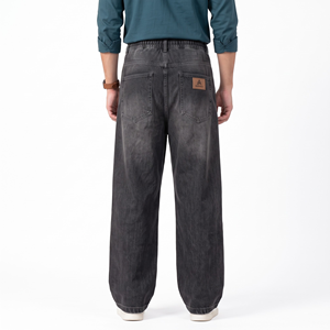 Pantalones vaqueros de hombre de pierna ancha con cintura elástica y parte delantera plana, pantalones cargo de mezclilla unisex de ajuste holgado con cintura media, cordón y bolsillos - Product Image 3