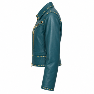 Chaqueta Bomber de Cuero Verde Azulado para Hombre, Corte Ajustado, Cuello Camisero, Cierre de Cremallera, Detalle de Remaches, Largo Regular, Invierno, Ecológica, Resistente al Viento - Product Image 5