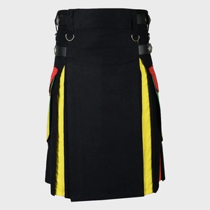 Kilt pour homme noir à blocs de couleur avec panneaux jaunes et rouges, en coton, coupe classique, style européen - Product Image 1