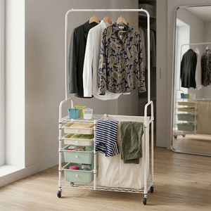 SALE SALE Wholesale MIT Taiwan Household Storage Manufacturer <b>Laundry</b> Products Metal <b>Laundry</b> Basket Cart with Hangers - Product Image 1