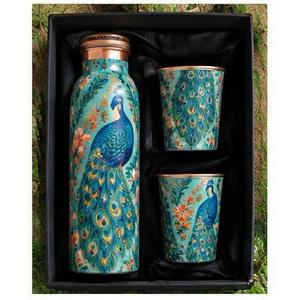 Peacock Design <b>Metal</b> <b>Water</b> <b>Bottle</b> with Copper Lid and Two Cups Portable Eco-Friendly Travel Set Contemporary Home Office - Product Image 4