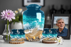 Ocean Shell Print Metal Urn Cremation Memorial Vessel Adult <b>Ashes</b> <b>Keepsake</b> Jar Table Display - Product Image 3