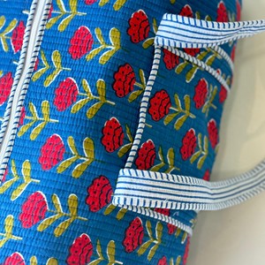 Blue Corduroy Duffle <b>Bag</b> With Red Floral Pattern Zipper Closure Weekender Travel <b>Bag</b> Portable Design - Product Image 2