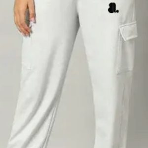 Pantalones Cargo Blancos de Pierna Recta, Cintura Media Elástica con Bolsillos, Color Sólido, Tejido Casual, Largo Completo, Corte Regular - Product Image 2