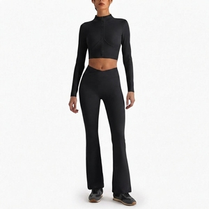 Conjunto Deportivo de 2 Piezas para Mujer, Top Corto de Manga Larga con Cierre Frontal y Leggings Ajustados de Cintura Alta, Ropa Deportiva - Product Image 1