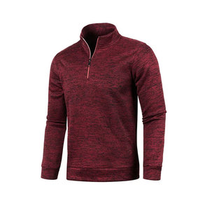 Men's Red Knitted Long Sleeve Quarter Zip Pullover Casual Top Solid Color Polyester Fabric - Product Image 1