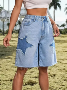 Shorts de mezclilla de cintura alta con parches de estrellas, azul claro, casuales, de verano, para mujer, transpirables, lavados con piedras, de corte holgado - Product Image 5