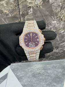 Montre à quartz couleur or rose, cadran violet, lunette en cristal, bracelet pavé, chronographe, montre-bracelet, cadeau de luxe - Product Image 1