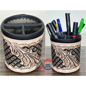 Porte-stylos et porte-crayons rond en cuir véritable, design premium, fait main, style western, pour bureau et maison. - Product Image 1