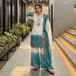 Ensemble Kurti et Palazzo en Georgette pour Femmes, Festif et de Mariage |   Tenue ethnique bicolore avec broderies lourdes et dupatta - Product Image 1