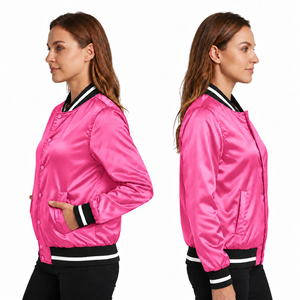 Chaqueta Varsity Rosa de Satén para Mujer, Manga Larga, Cuello Camisero, Ribete en Contraste, Resistente al Viento, Transpirable, 100% Poliéster - Product Image 5